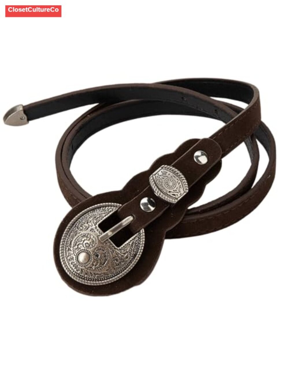 Faux Leather Western Concho Buckle Skinny Belt Boho Waist